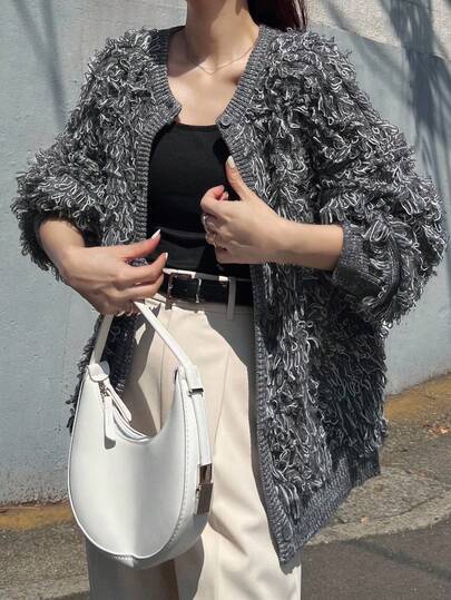 FRIFUL 女式宽松落肩长袖单排扣针织开衫，秋冬