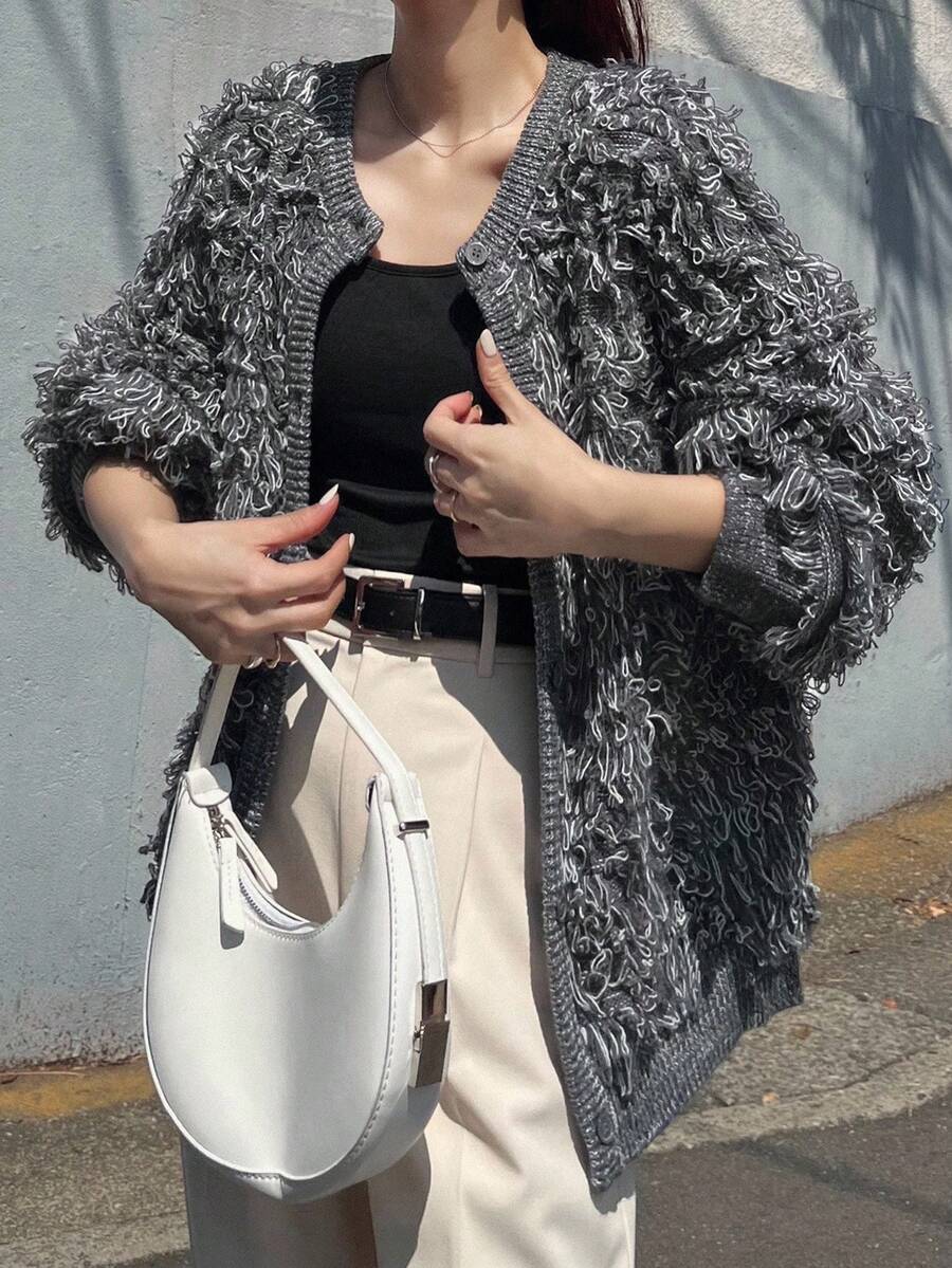 FRIFUL Áo khoác len cardigan tay dài dáng rộng, khoét vai đơn hàng khuy đơn dành cho nữ, Thu/Đông - màu đen - Xem 1