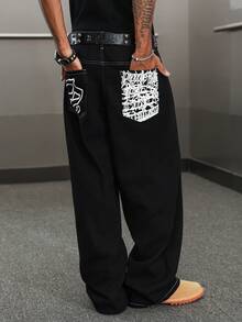 Manfinity ZONE917 Men's Casual Fashion Street Letter Print Contrast Stitch Loose Wide-Leg Jeans, Belt Not Included Baggy Thick Graphic Black College Street Couple For Skater - Black - View 2