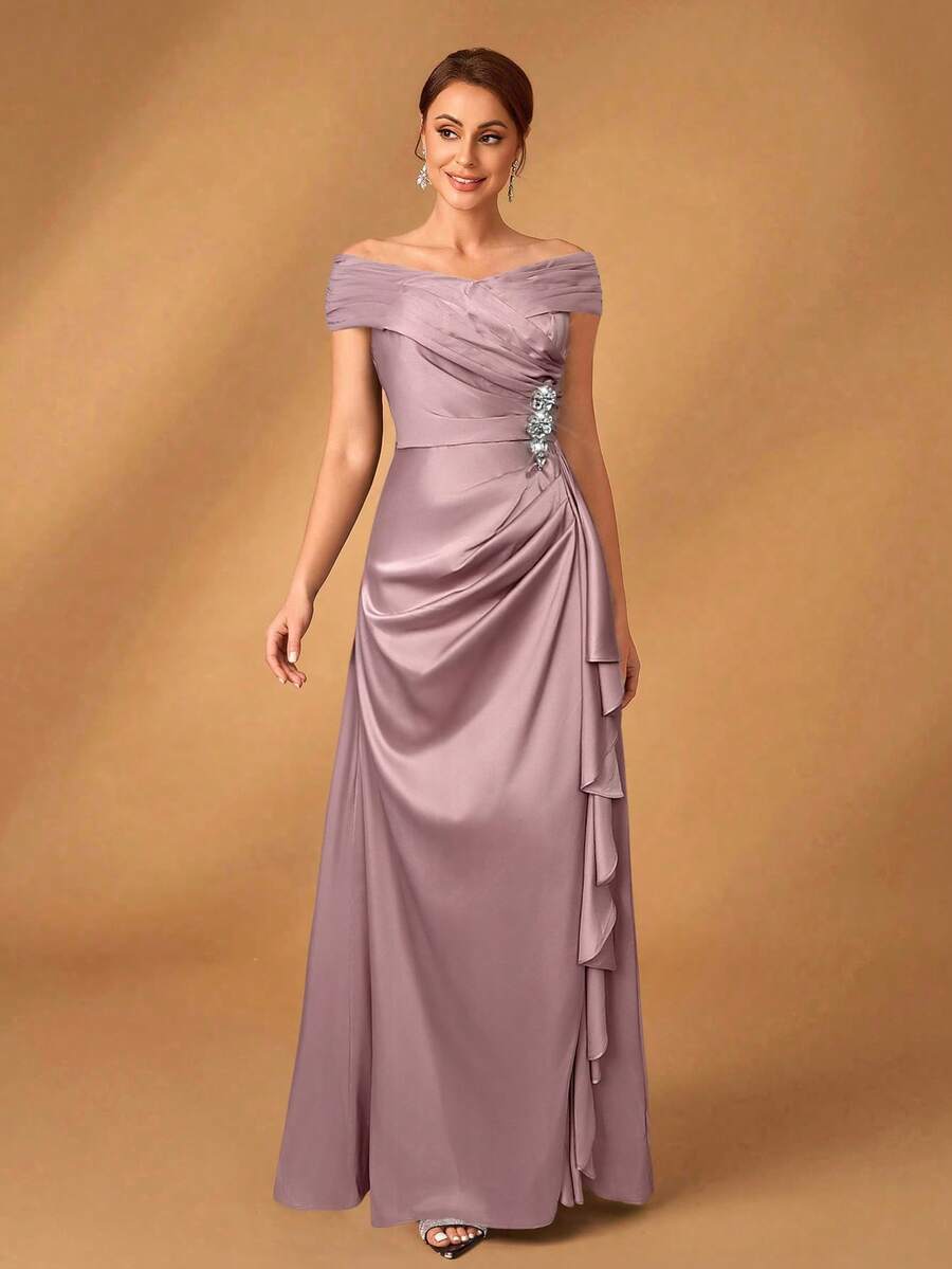 Serin 优雅奢华的海军蓝缎面露肩褶皱 A 字形不对称荷叶边下摆连衣裙，适合晚会、庆典、婚礼、新娘母亲礼服 - 藕粉色 - 查看 1