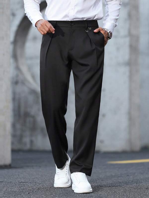 Manfinity Mode Pantalones de traje casuales de unicolor para hombres, pantalones formales negros con pliegues y dobladillo para negocios