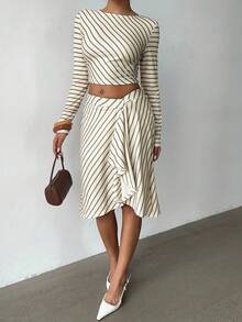 Aloruh Ensemble femme nouvelle arrivée automne/hiver, top à manches longues et jupe mi-longue rayée style rétro décontracté Y2K - Multicolore - Voir 3