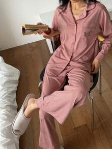 DAZY Conjunto de pijama feminino com estampa de dachshund, blusa de manga comprida com botões e calça, ideal para outono e inverno. - Rosa - Ver 3