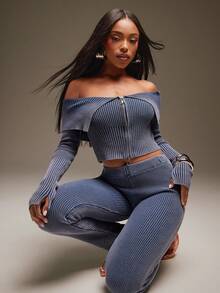 Denimoi Cárdigan corto con hombros caídos y cremallera delantera lavado