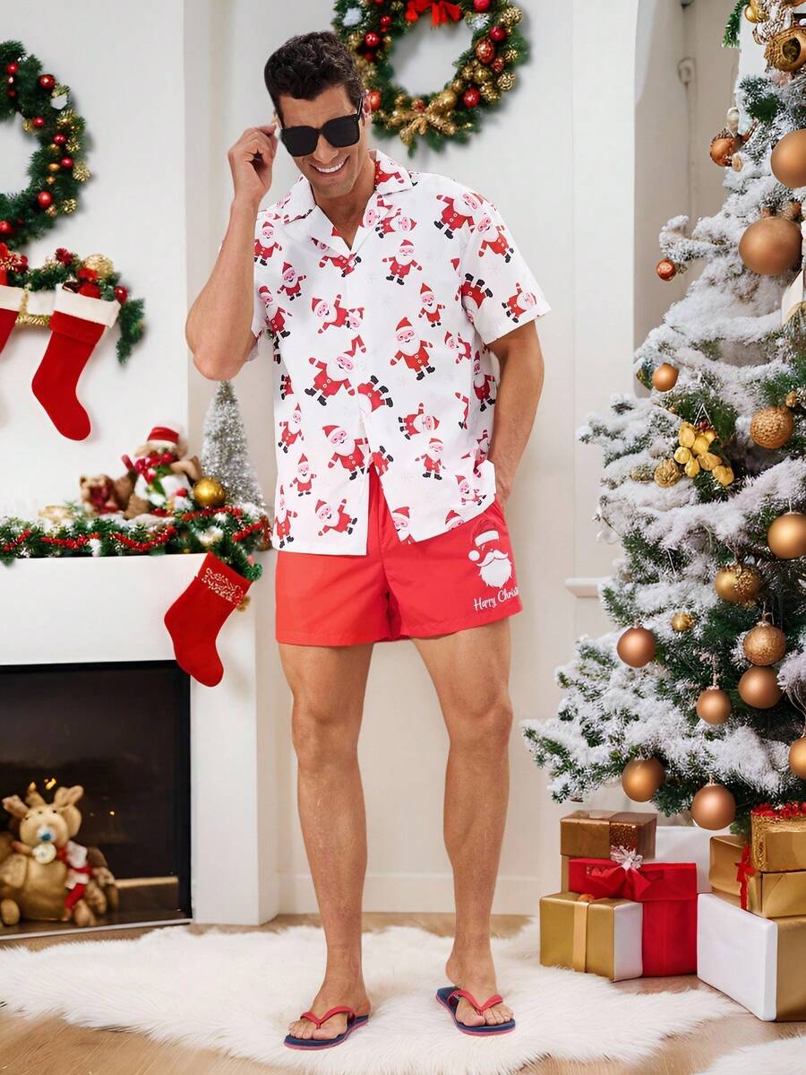 Surfspeed Men's Christmas Cartoon Print Short Sleeve Shirt And Shorts Beach Outfit Set