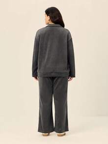 SHEIN LUNE 休闲宽松套头衫半拉链罗纹两件套，大码，秋冬 - 灰色 - 查看 2