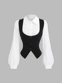 Sweetra 复古法式性感制服风夏季新款翻领二合一收腰修身辣味甜美风女式衬衫 - 黑與白 - 查看 2