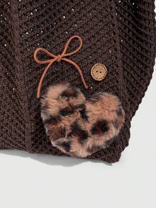 ROMWE Fairycore 1个度假风镂空编织咖啡色女士单肩手提包，大容量，豹纹心形装饰针织包 - 咖色 - 查看 5