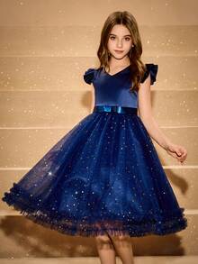 Váy công chúa ngắn bồng bềnh bằng vải satin và lưới cao cấp không tay, viền bèo nhún cho mùa cưới, váy dạ hội cho bé gái, tiệc sinh nhật, giáng sinh, halloween, trở lại trường - Màu xanh hải quân - Xem 4