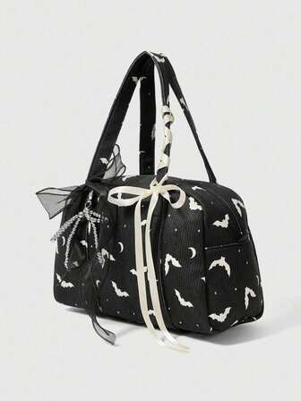 Grunge Punk 1pc Black Corduroy Bat Print Fashion Large Capacity Portable Gothic Style Bow Decor Pendant Women Tote Bag