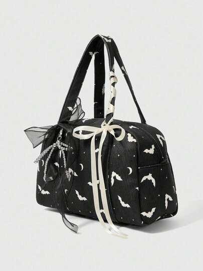 Grunge Punk 1pc Black Corduroy Bat Print Fashion Large Capacity Portable Gothic Style Bow Decor Pendant Women Tote Bag