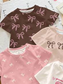 SHEIN 4件套女婴可爱蝴蝶结图案圆领短袖T恤，休闲简约，奶油粉色、奶油白色、奶油桃色、奶油棕色，适合居家、外出、秋季