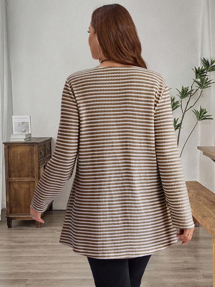 Plus Size Going Out TopsWomen Casual Striped Print Long Sleeve Loose T-Shirt, Winter Clothes For Women Christmas New Year Look  Stylish Clothing Collection Winter Tops For Women Striped Sweater