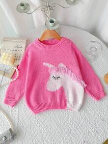 Crew Neck Pink Pullover Knit Sweater, Unicorn Pattern, 3D Design, Cute & Fun, Suitable For Home, Outdoor, Party Occasions Autumn Winter ClotGirlor Women