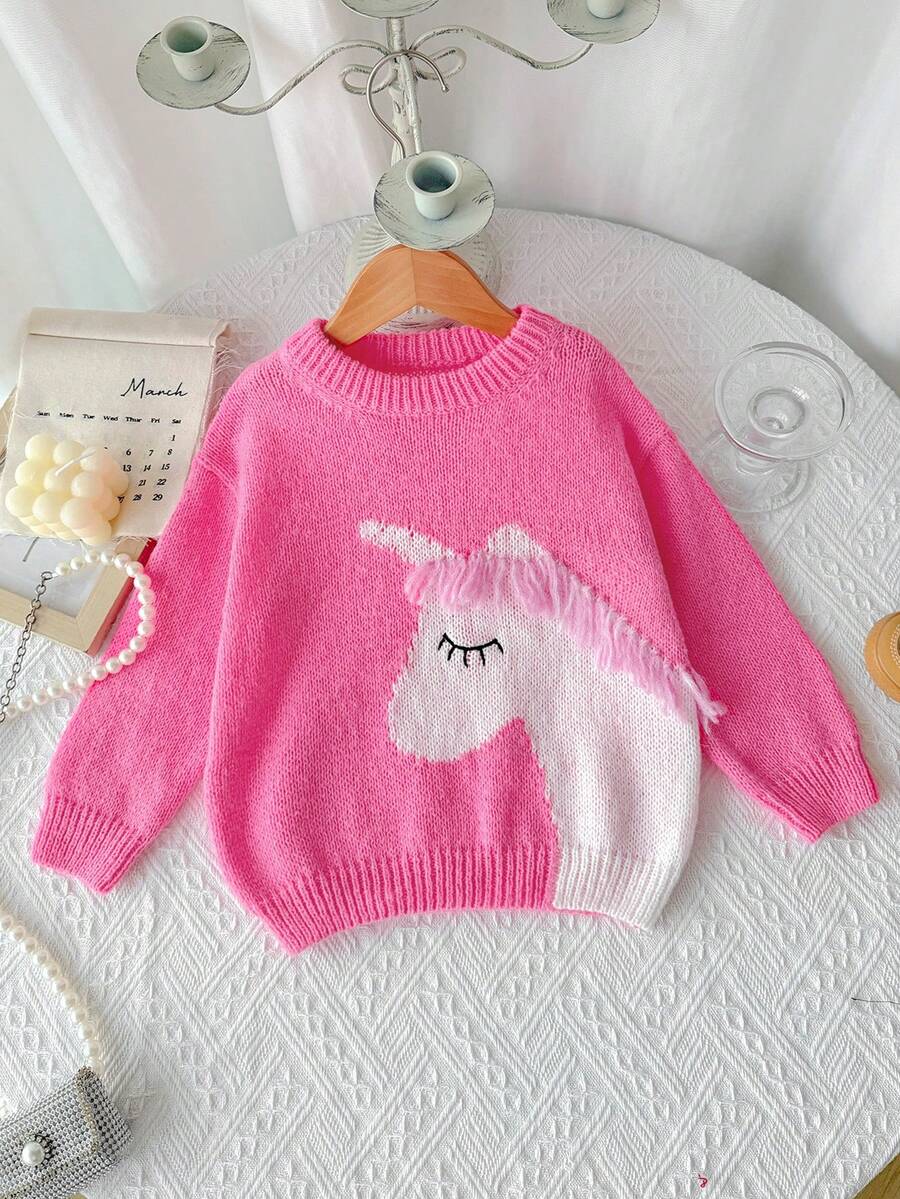 Crew Neck Pink Pullover Knit Sweater, Unicorn Pattern, 3D Design, Cute & Fun, Suitable For Home, Outdoor, Party Occasions Autumn Winter ClotGirlor Women