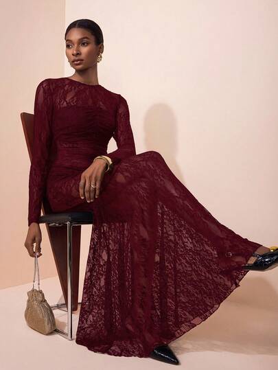 Zivah 2025 春夏新品 音乐节、复活节、圣帕特里克节、西部风、游牧风、生日派对、毕业典礼、学院风、学生风、日常休闲、基本百搭、休闲、邮轮旅行、海滩、日光浴、网络红、街头服饰、婚礼宾客波西米亚风、通勤、早午餐、机场、女士黑色蕾丝半透明长袖褶饰鱼尾长裙