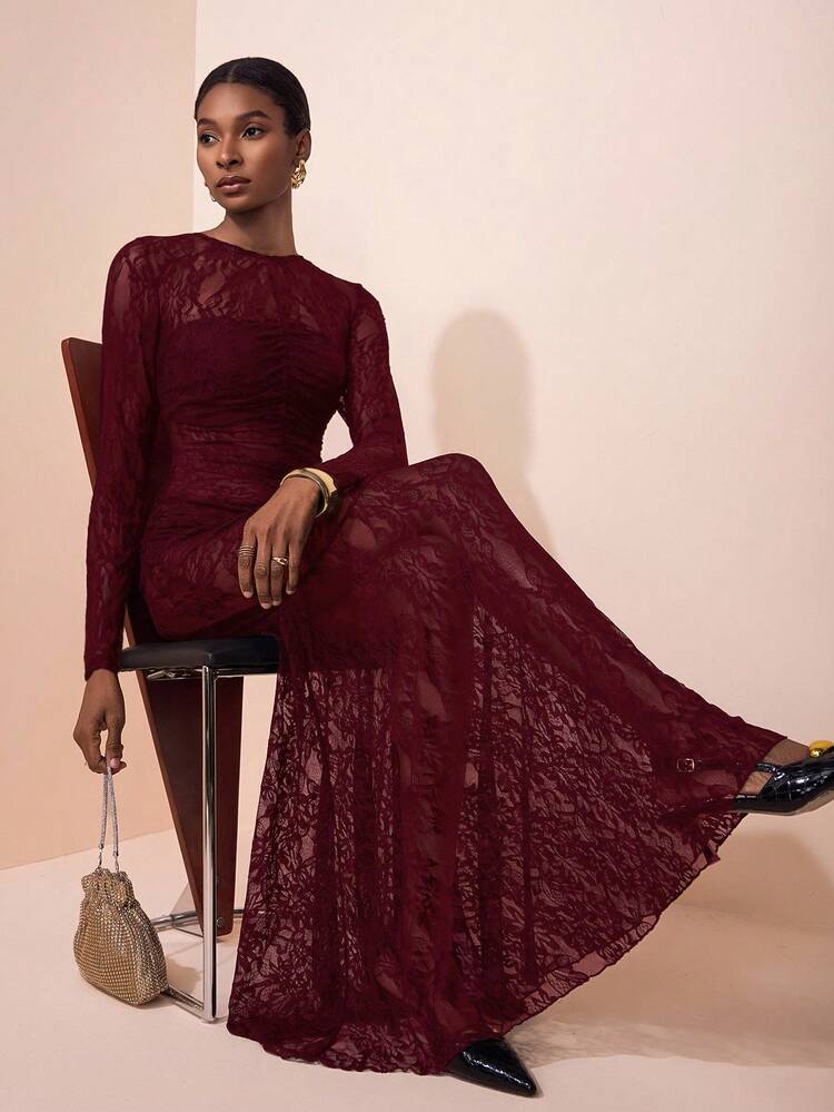 Zivah 2025 春夏新品 音乐节、复活节、圣帕特里克节、西部风、游牧风、生日派对、毕业典礼、学院风、学生风、日常休闲、基本百搭、休闲、邮轮旅行、海滩、日光浴、网络红、街头服饰、婚礼宾客波西米亚风、通勤、早午餐、机场、女士黑色蕾丝半透明长袖褶饰鱼尾长裙 - 酒紅色 - 查看 1