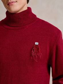 Manfinity Homme Suéter de Gola Alta Minimalista de Cor Sólida de Manga Longa Vermelho, Suéter Vermelho Casual de Uso Diário para Homens, Suéter de Gola Alta Vermelho para Homens, Camisas de Gola Alta para Homens, Top Bordô para Homens no Outono Inverno Natal, Suéter de Homem com Estampa de Desenho Animado Bordô - Vermelho - Visão 2