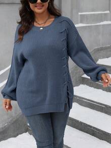 SHEIN LUNE 大码女式圆领落肩长袖宽松休闲毛衣，秋冬 - 淺藍色 - 查看 5
