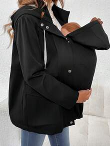 SHEIN 孕妇简约纯色前拉链连帽休闲，连帽休闲夹克