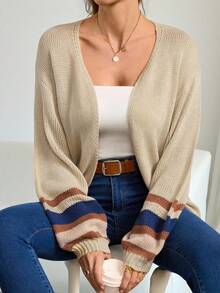 SHEIN Tall Women Casual Color-Block Striped Cardigan Thanksgiving Winter , Autumn/Winter, Daily Wear, Tall Women - Apricot - View 12