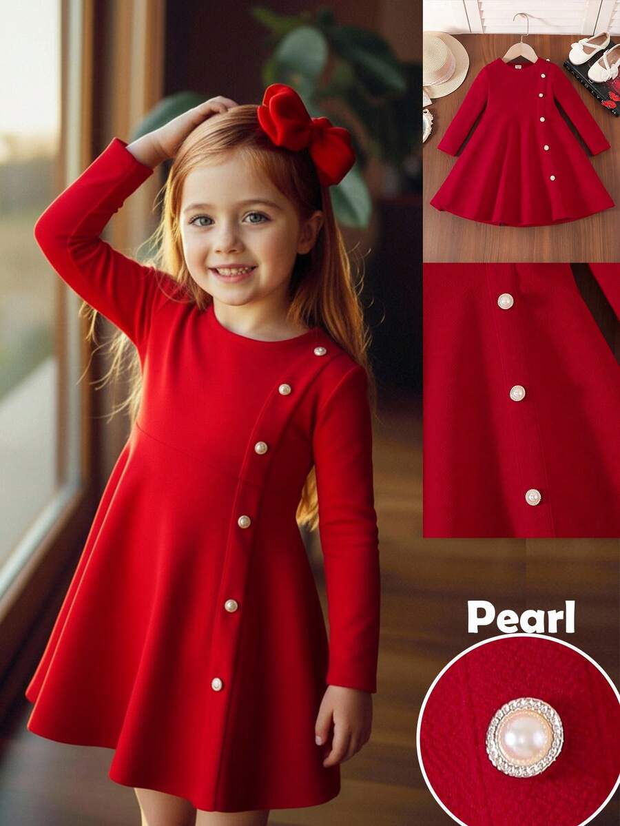Emery Rose Kids 少女優雅紅白色珍珠鈕扣設計A字洋裝,長袖修身休閒圓領秋季派對洋裝,生日禮物首選 - 紅色 - 查看 1