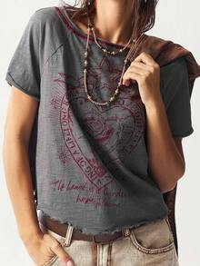 Bohemela Solid Color Knit Crew Neck Short Sleeve Fitted Washed Women T-Shirt - Dark Grey - View 3