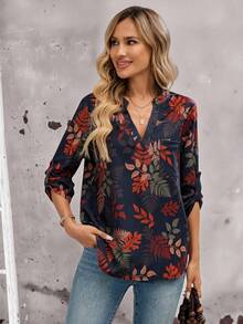 EMERY ROSE 女式度假植物印花V领卷边袖休闲衬衫 - 彩色 - 查看 4