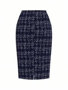 Ellevyn 女士优雅黑色西装，商务/通勤法式百搭格子衬衫和裙子两件套 - 藏蓝色 - 查看 8