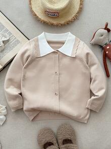 Blossori Young Girls' French Elegant Color Block Collar Button Front Knit Cardigan & Knit Pants Set - Khaki - View 3