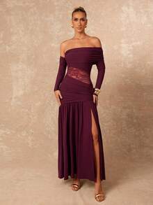Lumalex Women's Burgundy Autumn Elegant Dining Dress,Asymmetrical Open Shoulder Long Sleeve Lace Patchwork Ruched Bodycon High Slit Formal Prom Party Gown - Burgundy - View 6