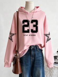 SHEIN 1件少女简约23数字和星星印花长袖卫衣，带字母印花，休闲适合外出、公园散步、聚会和日常穿着 - 很棒的礼物！ - 粉色 - 查看 4