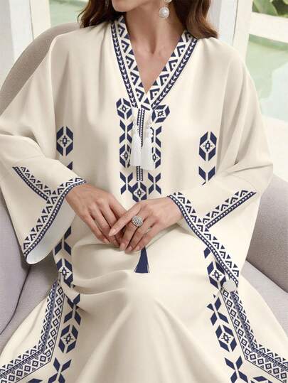 SHEIN Najma 女式优雅 V 领长袖花卉印花宽松流苏阿拉伯连衣裙，春秋