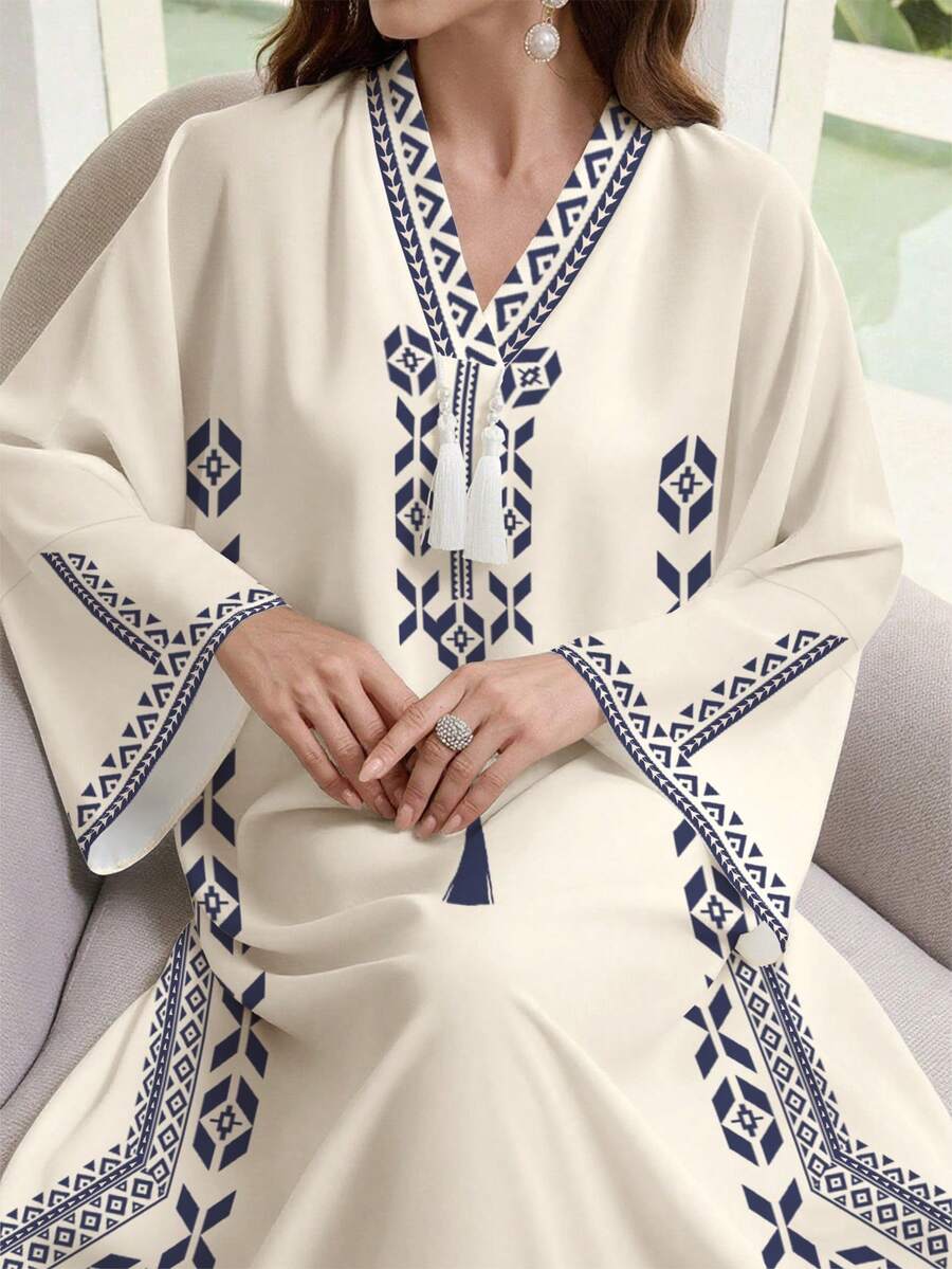 SHEIN Najma 女式优雅 V 领长袖花卉印花宽松流苏阿拉伯连衣裙，春秋 - 彩色 - 查看 1