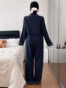 Bubble Textured Plaid Collar Top & Pants Pajama Set Fall Winter Clothes - Multicolor - View 2