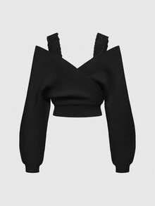 ROMWE Kawaii 1 Set Women Shoulder Strap V-Neck Lace Strap Loose Wide-Leg Pants Comfortable Home Knit Sweater Two Pieces - Black - View 4