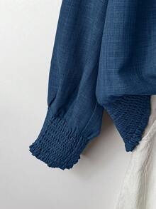 Linhara 加大码女式 V 领长袖 T 恤，适合通勤和休闲外出穿着 - 藍色 - 查看 5