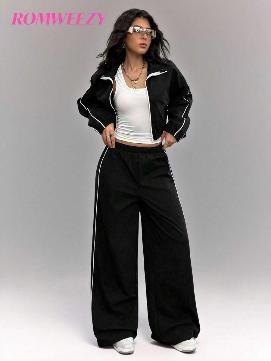 3 PiecesCasual Set For Teen Girl With Zip-Up Jacket In Minimalist Style With Contrast Trim, Soft & Comfortable White Tank Top, Matching Contrast Trim Pants, Suitable For Daily Wear And Activities