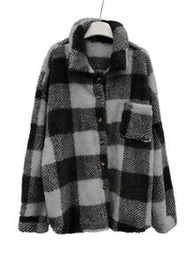 EMERY ROSE Plus Size Women Plaid Drop Shoulder Long Sleeve Single-Breasted Fuzzy Jacket, Autumn/Winter - Dark Grey - View 7
