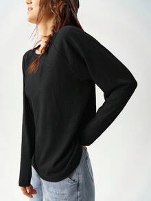 Bohemela Camiseta de manga raglán de cuello redondo de unicolor casual y diaria, talla grande, otoño - Negro - Ver 3