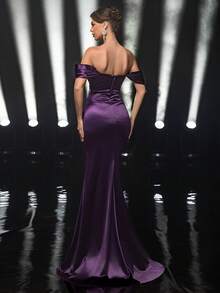 Glamrae Purple Luxurious Satin One-Shoulder Drop Sleeves Fishtail Dress,Elegant Hand-Stitched Floral Decoration Slit Pleated Formal Party Dinner Gown - Dark Purple - View 4