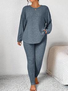 SHEIN Frenchy Plus Size Solid Color Crew Neck Ribbed Long Sleeve Top And Pants Casual 2-Piece Set/Winter - Blue - View 3