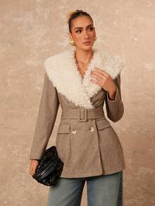 Lumalex 秋冬户外女装常规版型外套，配有仿羊羔绒领、腰带和口袋，女式粗花呢外套，女式外衣，女式粗花呢，舒适休闲，奢华百搭，适合舞会、聚会、宴会、低调奢华、闪耀夺目的节日派对、锐舞派对、音乐节、郊游、度假等场合，适合户外穿着，层次丰富，适合婚礼、宰牲节、新年等节日，适合寒冷天气，秋季新款女装 - 卡其色 - 查看 13