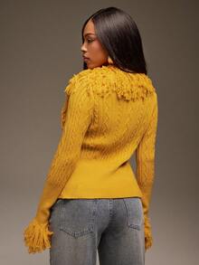 Denimoi Fringe Detail Open Front Sweater Cardigan For Fall And Winter Fashionable - Yellow - View 5