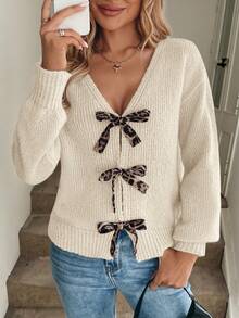 SHEIN LUNE Áo khoác cardigan dài tay cổ chữ V họa tiết da báo dành cho nữ - trắng - Xem 3