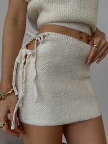 SHEIN BAE Women's Casual Side Tie Solid Color Knit Skirt,,Winter ,Women's Winter Clothes , Autumn Winter Women,Halloween,New Year,Thanksgiving Outfit For Women ,Thanksgiving Outfit For Women ,Party Outfit ,White Short Skirt, Sweater Skirt, White Skirt,