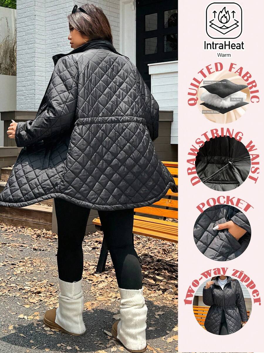 SHEIN EZwear Plus Size Women Quilted Drawstring Thick Jacket, Autumn/Winter,Fall /Autumn/Winter,Christmas,New Year,Thanksgiving,Party,Wedding,Elegant,Casual,Going Out,Date,Appointment,Commute,Black