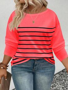 EMERY ROSE Plus Size Women's Fashion Casual Striped Round Neck Neon Color Long Sleeve T-Shirt