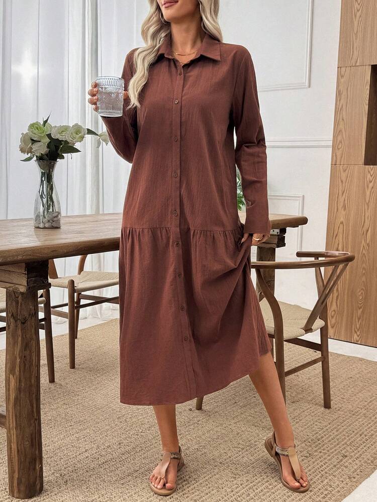 Women's Casual Everyday Commute Simple Solid Color Flowy Hem Shirt Dress, Spring/Autumn Long Sleeve Summer Dress Casual Midi Dress Long Cotton Dress Summer Modest Dress Autumn Dress Women Dresses Autumn Winter  One-Piece Dress Ladies Autumn Winter Cozy Fall And Winter Clothes For Women