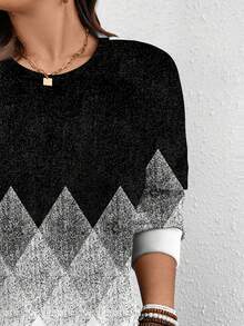 EMERY ROSE Casual Minimalist Black & Grey Ombre Geometric Print Crew Neck Long Sleeve Long Plus Size Women Sweatshirt, ,Spring - Multicolor - View 6